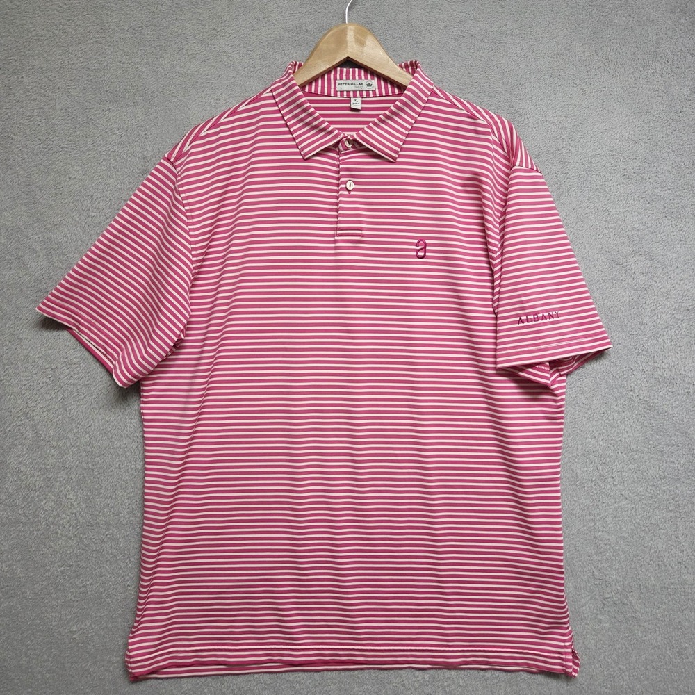 Peter Millar Shirt Men XL Pink Stripe Albany In The Bahamas Golf Tour Fit Polo